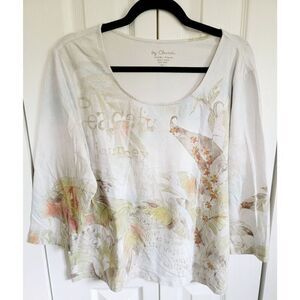 By Chico's 3 T-Shirt 3/4 Sleeve Neutral Fall Colors Beaded Cotton‎ Blend Stretch